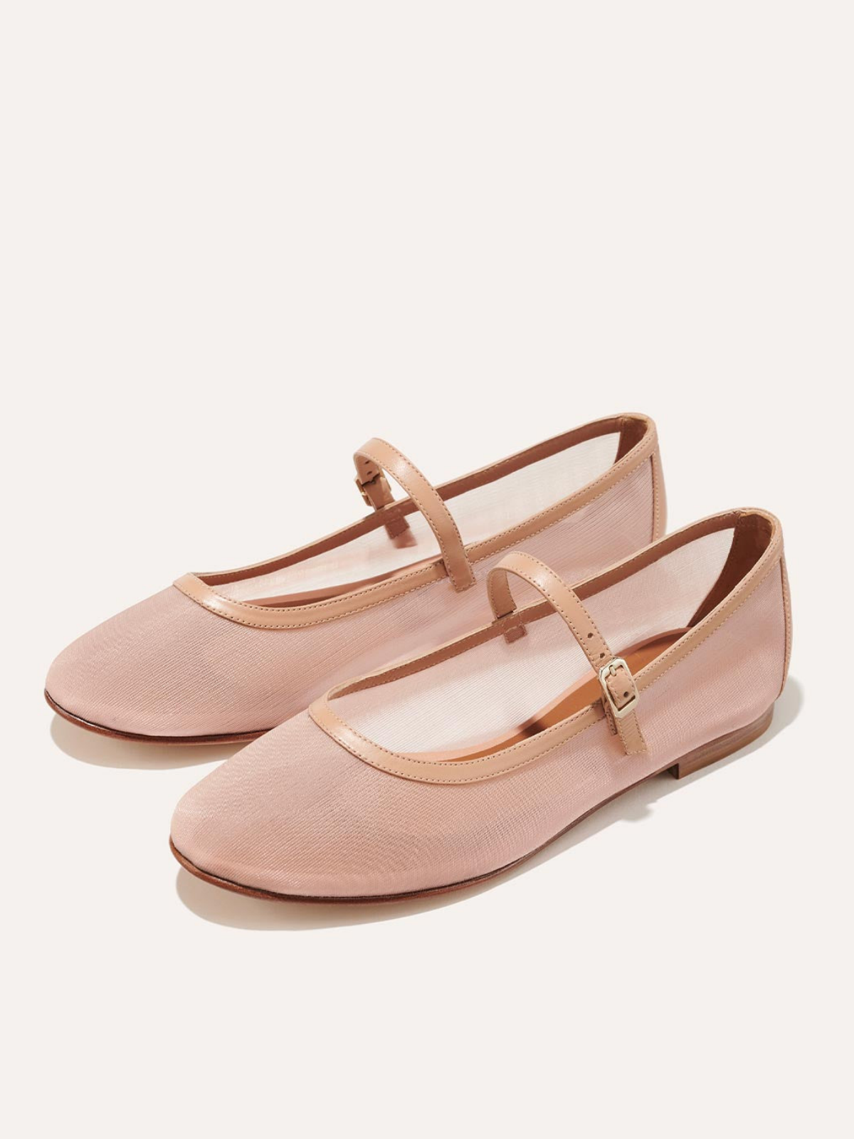 Light Pink Mesh Round-Toe Ballet Flats Mary Janes With Buckled Strap