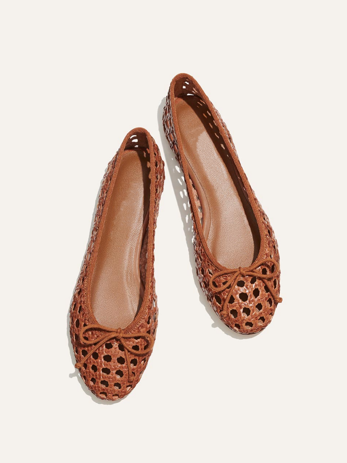 Brown Woven Bow Hollow-Out Round-Toe Slip-On Ballet Flats