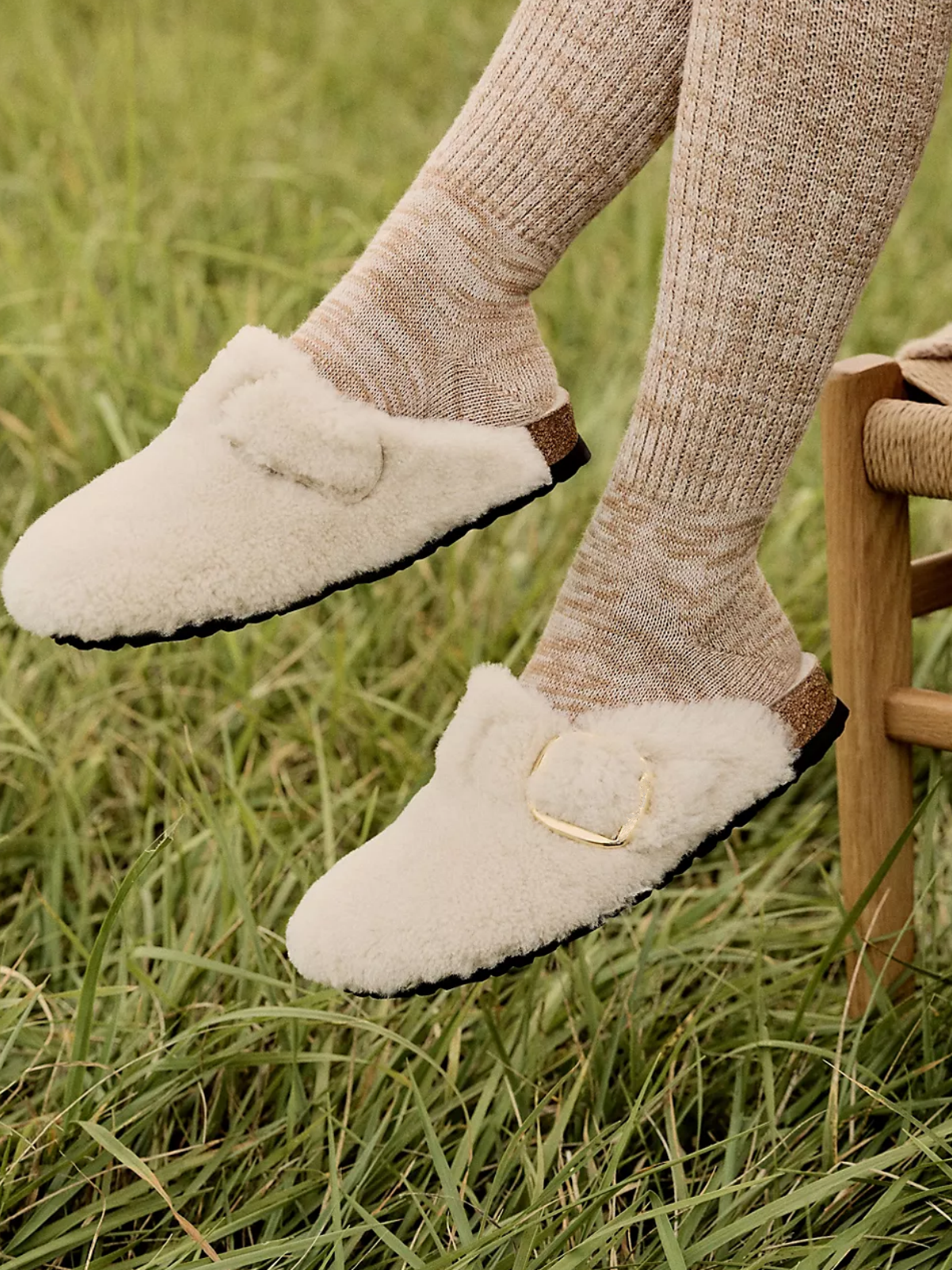 White Faux Shearling Big Buckle Teddy Cork Clogs Rounded Toe Backless Slippers Flats Mules