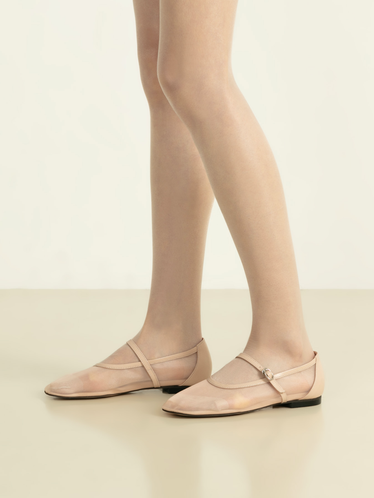 Nude Mesh Square-Toe Flats Mary Janes With Adjustable Strap