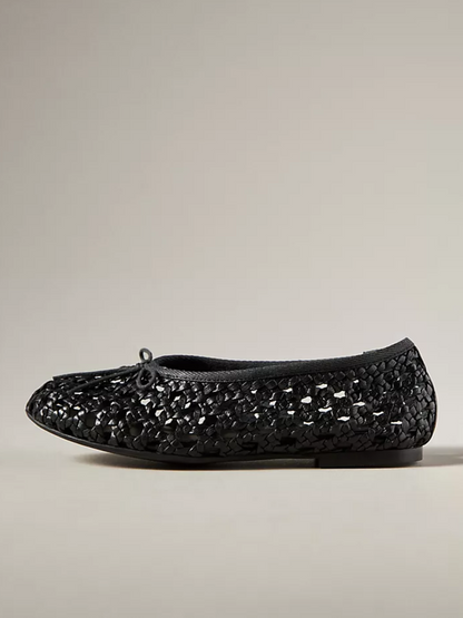 Black Boho Woven Hollow-Out Ballet Flats With Dainty Bow