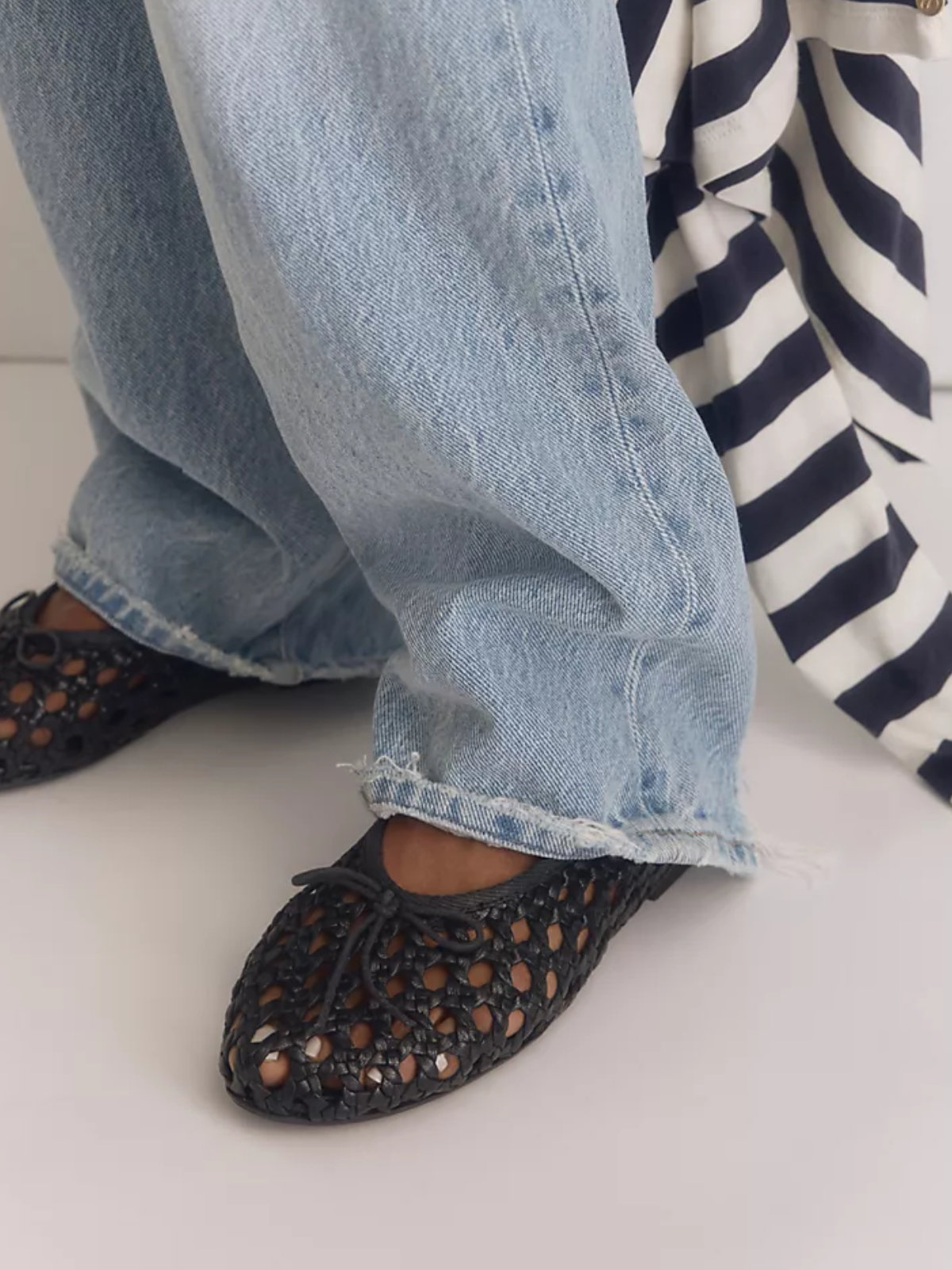 Black Boho Woven Hollow-Out Ballet Flats With Dainty Bow