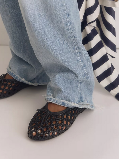 Black Boho Woven Hollow-Out Ballet Flats With Dainty Bow