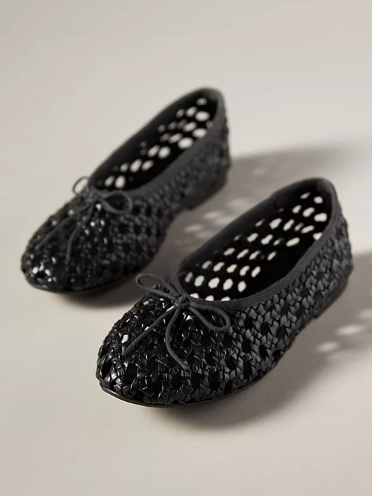 Black Boho Woven Hollow-Out Ballet Flats With Dainty Bow