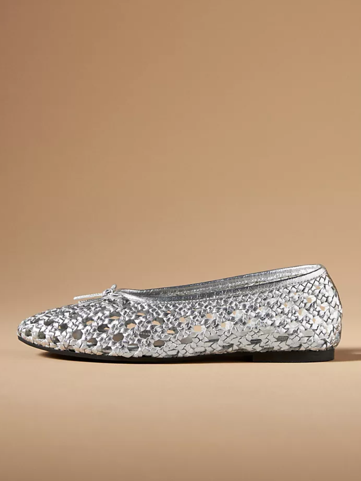 Metallic Silver Boho Woven Hollow-Out Ballet Flats With Dainty Bow