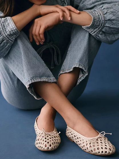 Cream Boho Woven Hollow-Out Ballet Flats With Dainty Bow