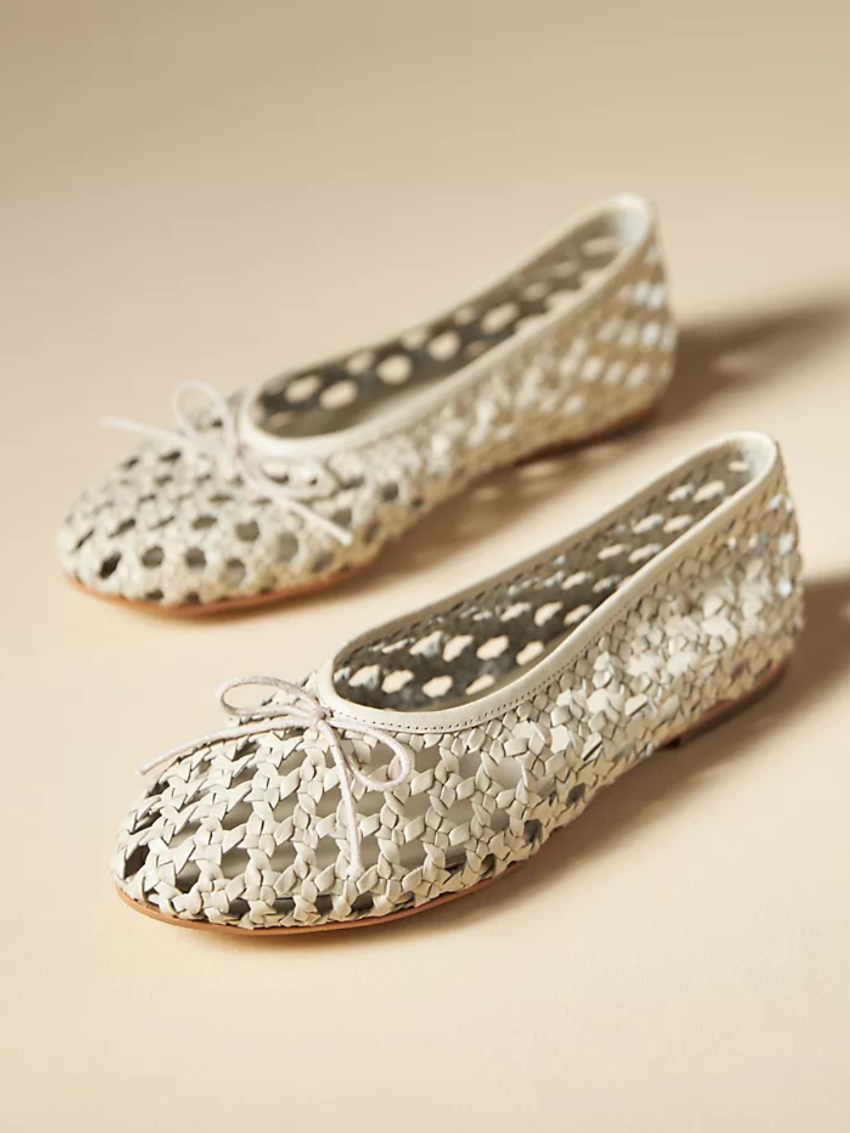 Cream Boho Woven Hollow-Out Ballet Flats With Dainty Bow