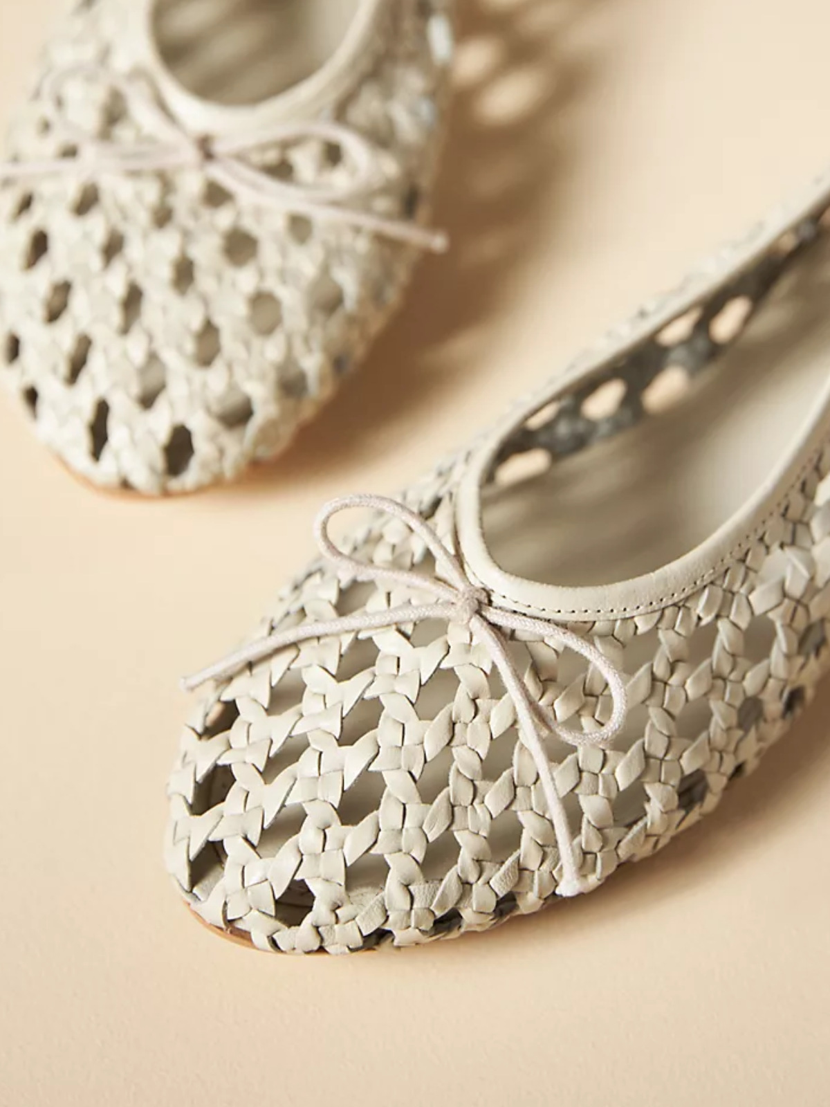 Cream Boho Woven Hollow-Out Ballet Flats With Dainty Bow