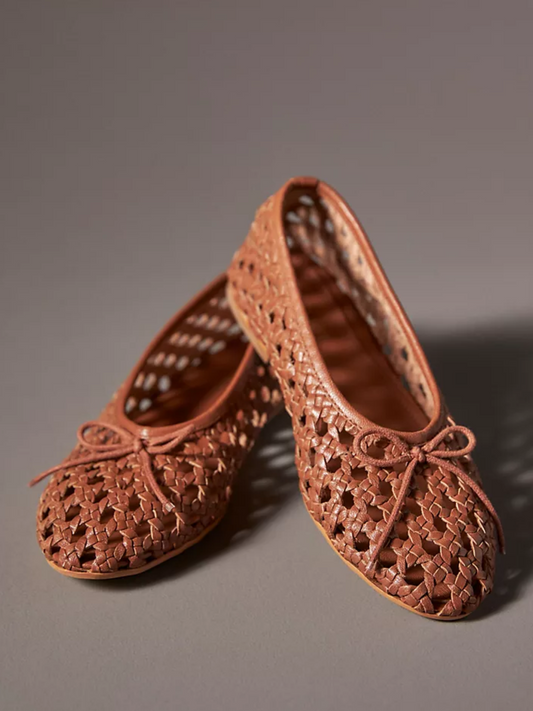 Rusty Brown Boho Woven Hollow-Out Ballet Flats With Dainty Bow