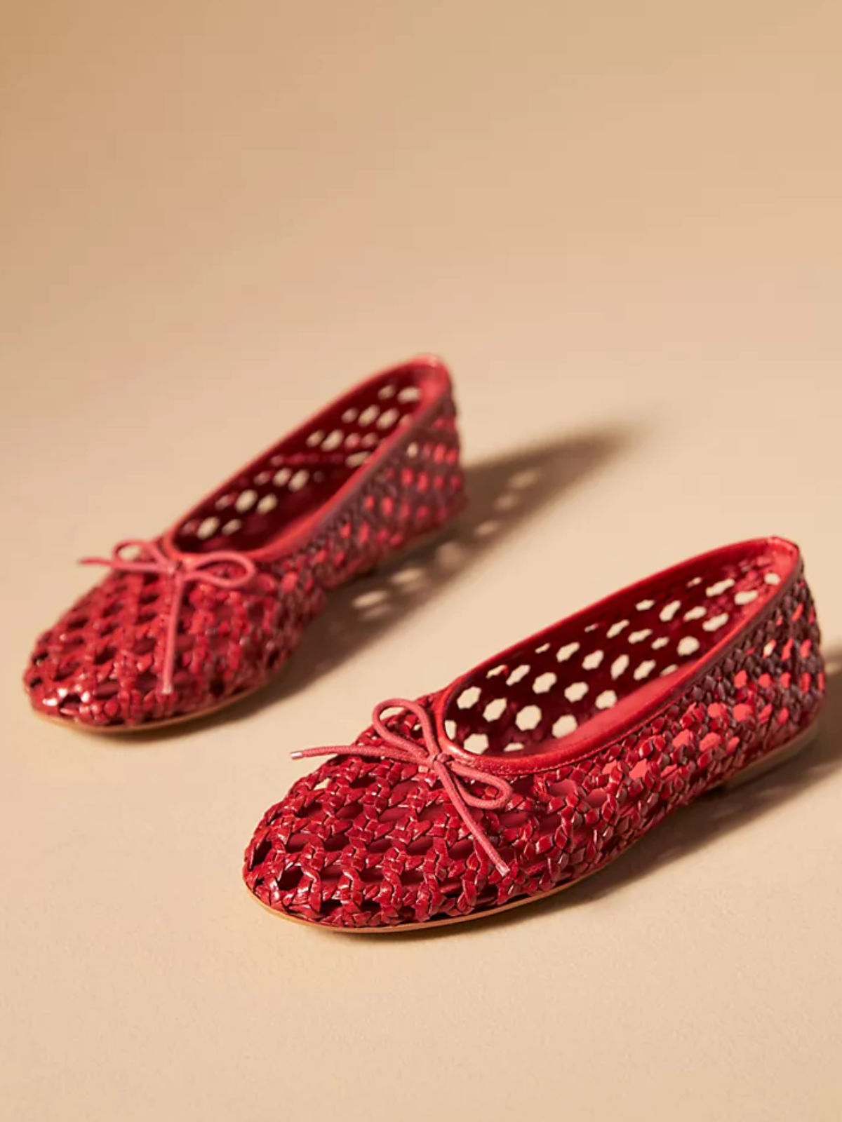 Red Boho Woven Hollow-Out Ballet Flats With Dainty Bow