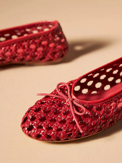 Red Boho Woven Hollow-Out Ballet Flats With Dainty Bow