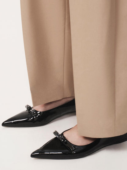 Black Patent Leather Pointed-Toe Front Bow Slip-On Flats