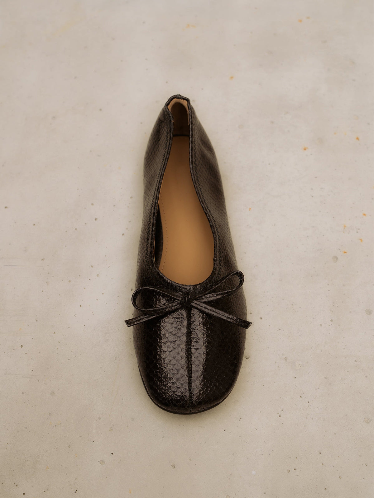Black Snakeskin Pattern Classic Square-Toe Front Bow Simple Ballet Flats