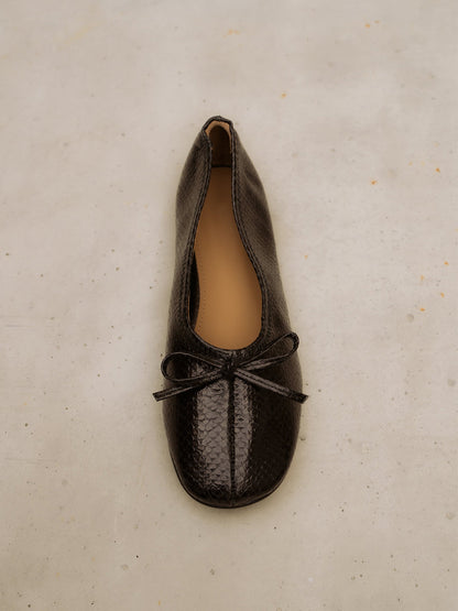 Black Snakeskin Pattern Classic Square-Toe Front Bow Simple Ballet Flats