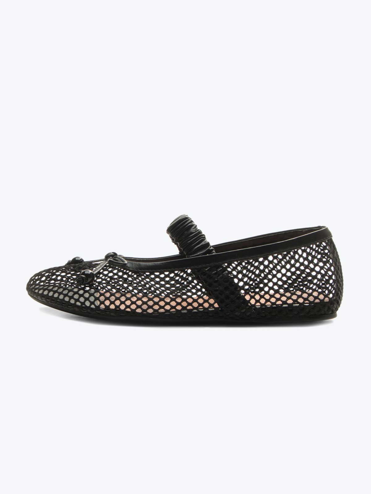 Black Mesh Round-Toe Front Bow And Elastic Mary Jane Ballet Flats