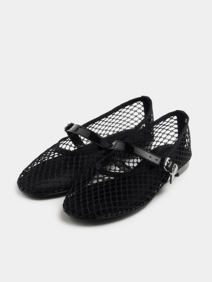 Fishnet Round-Toe Ballet Flats Mary Janes With Buckled Strap In Black