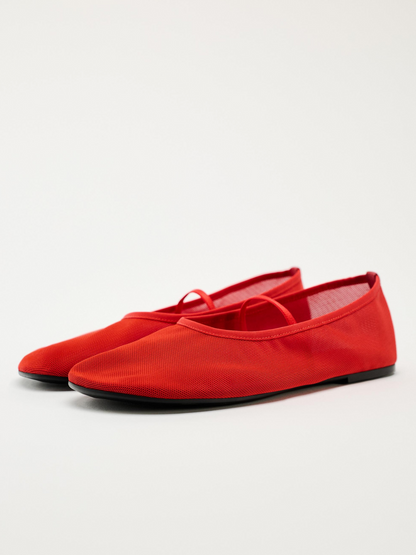 Cute Red Semi-Transparent Mesh Round-Toe Mary-Jane Ballet Flats