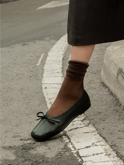 Black Classic Square-Toe Front Bow Simple Chic Ballet Flats
