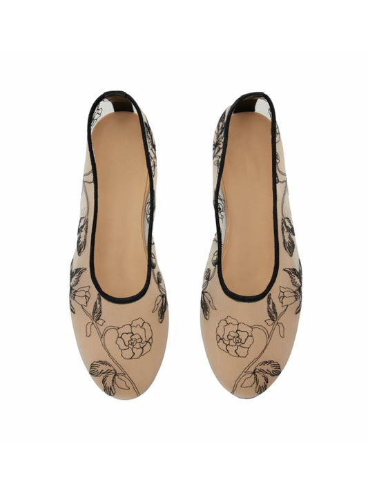 Beige Semi-Sheer Mesh Ballet Flats With Black Floral Embroidery