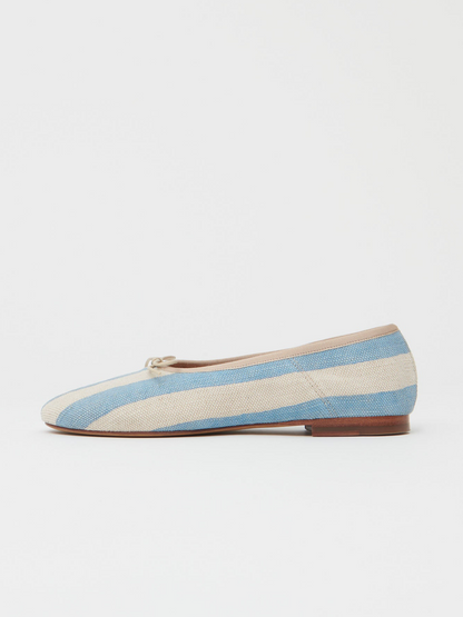 Sky Blue Stripe Bow Round-Toe Canvas Ballet Flats