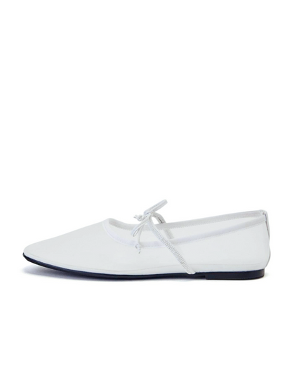 White Mesh Square-Toe Ballet Flats Mary Janes With Bow Band