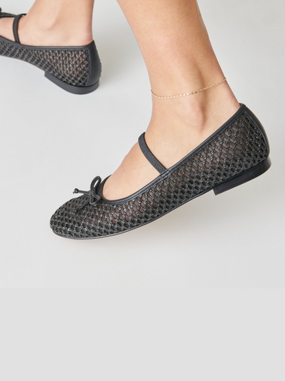 Black Raffia Woven Bow Ballet Flats Round-Toe Boho Mary Janes