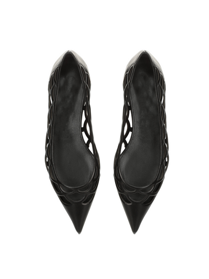 Black Boho Hollow-Out Pointed-Toe Ballet Flats