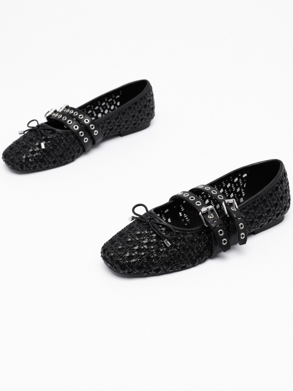 Black Raffia Woven Bow Ballet Flats Mary Janes With Grommet Buckled Straps