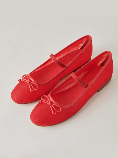 Bow Round-Toe Ballet Flats Mary Janes in Red Mesh