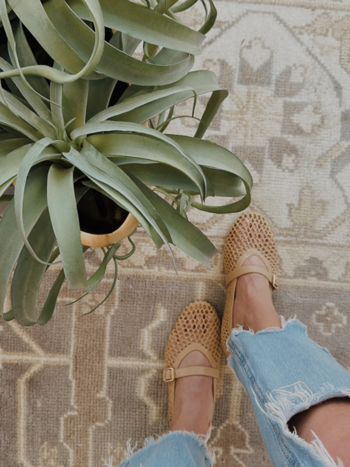 Beige Braided Boho Ballet Flats Round-Toe Mary Janes With Buckled Strap