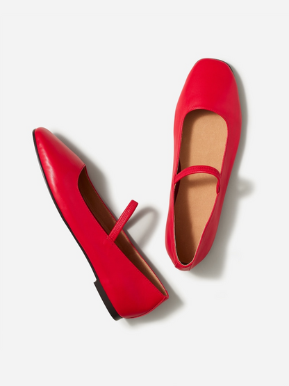 Red Vegan Leather Square-Toe Ballet Flats Mary Janes