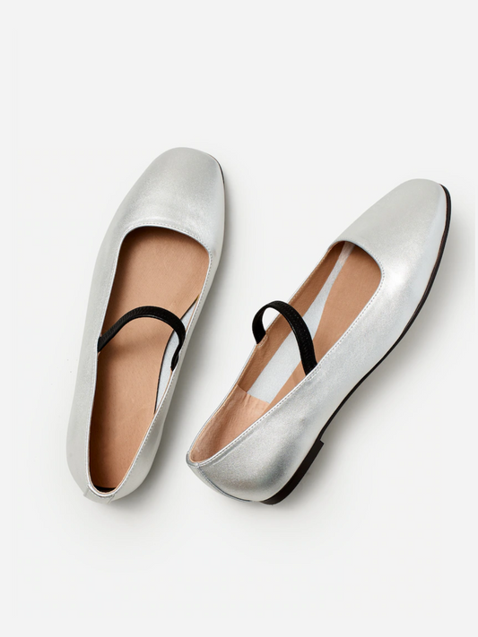 Metallic Silver Square-Toe Vegan Leather Ballet Flats Mary Janes