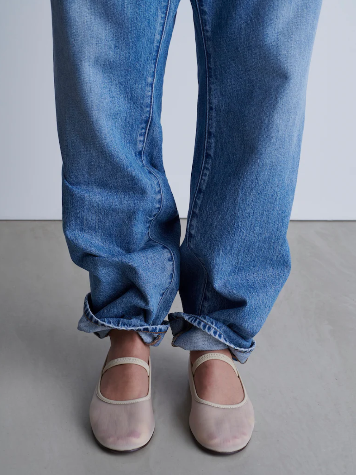 Beige Semi-Sheer Mesh Ballet Flats Mary Janes With Round Toe