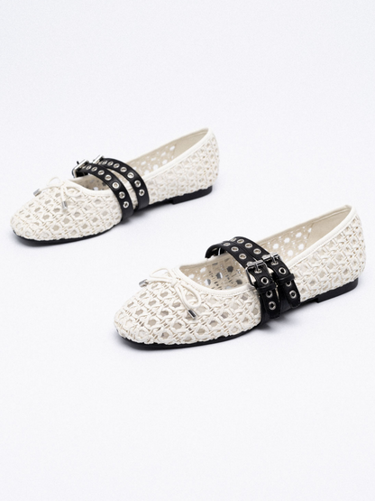 White Raffia Woven Bow Ballet Flats Mary Janes With Grommet Buckled Straps