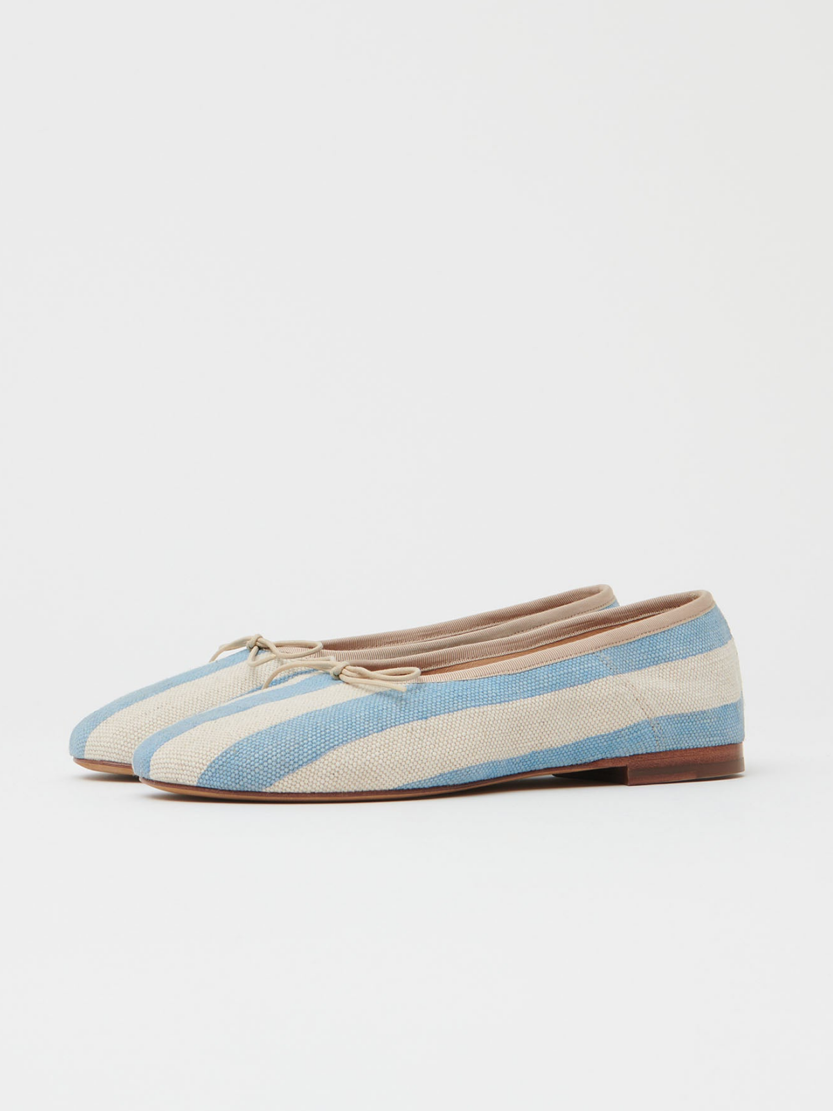 Sky Blue Stripe Bow Round-Toe Canvas Ballet Flats