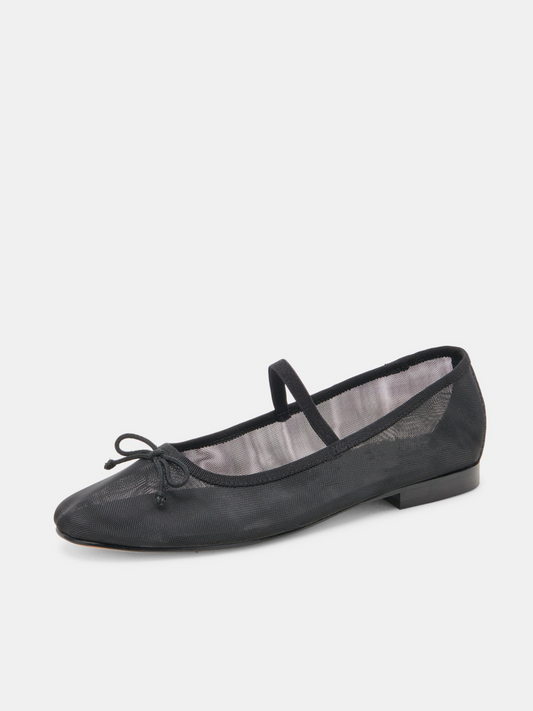 Bow Round-Toe Ballet Flats Mary Janes in Black Mesh