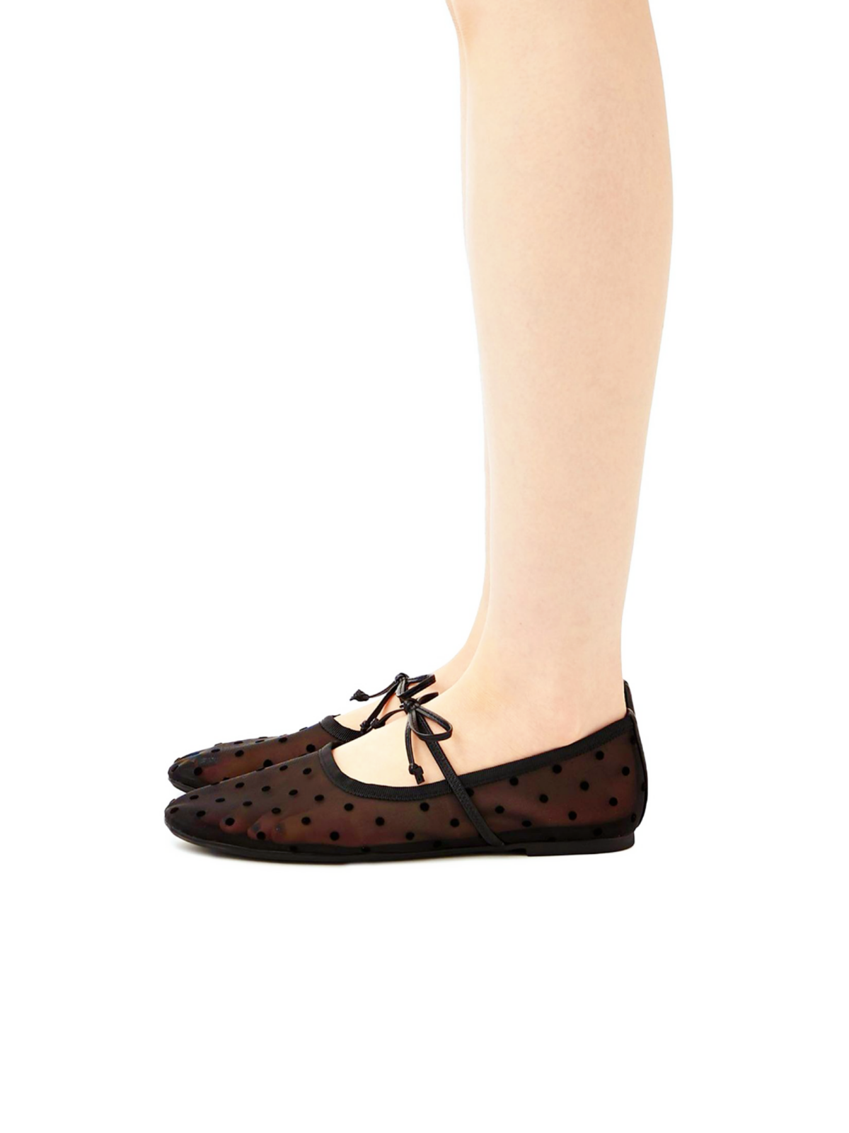 Black Polka Dot Mesh Square-Toe Ballet Flats Mary Janes With Bow Band