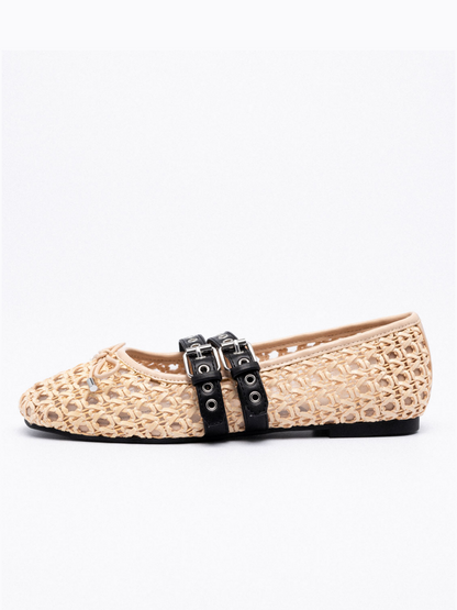 Nude Raffia Woven Bow Ballet Flats Mary Janes With Grommet Buckled Straps