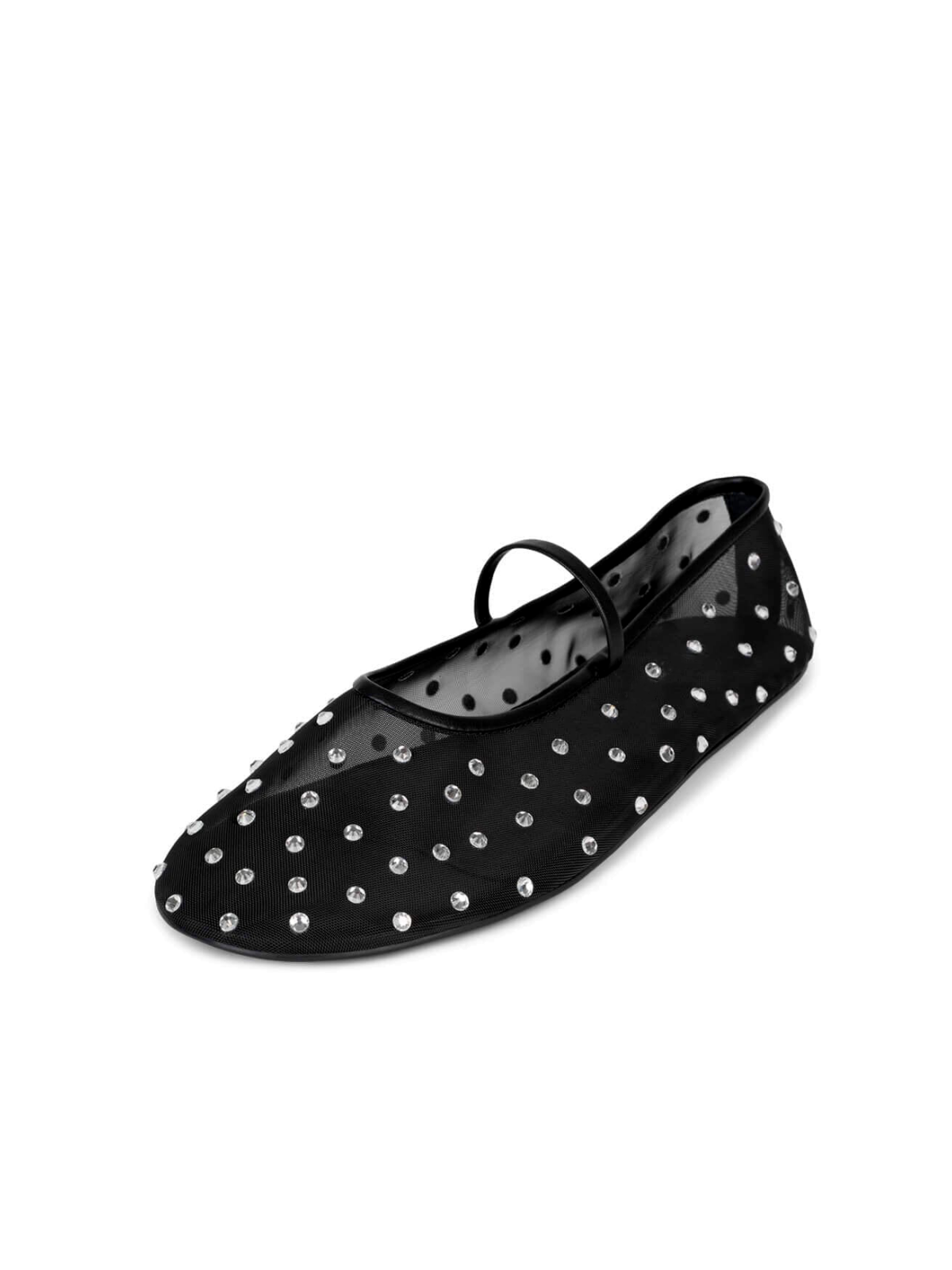 Cute Black Mesh Round Toe Mary-Jane Ballet Flat With Sparkle Rhinestones