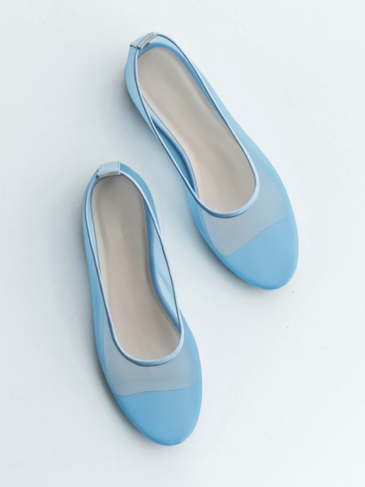 Round-Toe Slip-On Ballet Flats in Blue Mesh