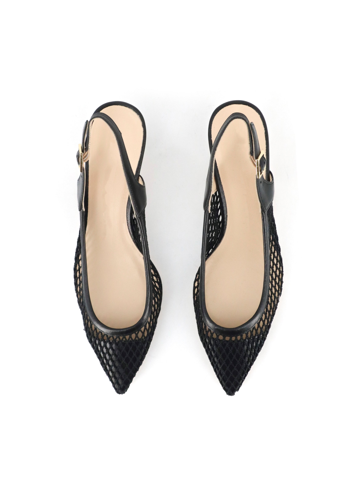 Black Pointy Kitten Heels Slingback Pumps in Fishnet & Vegan Leather