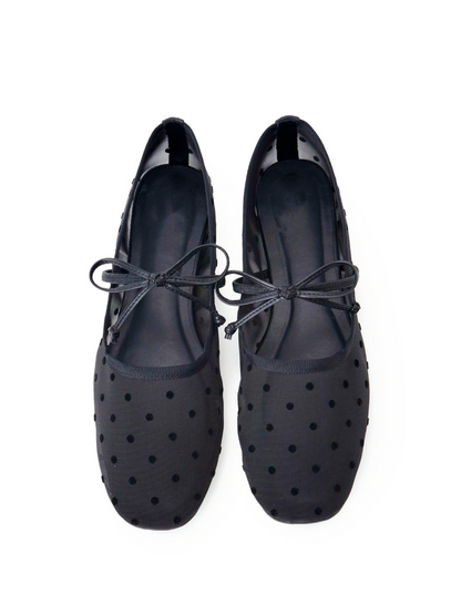 Black Polka Dot Mesh Square-Toe Ballet Flats Mary Janes With Bow Band