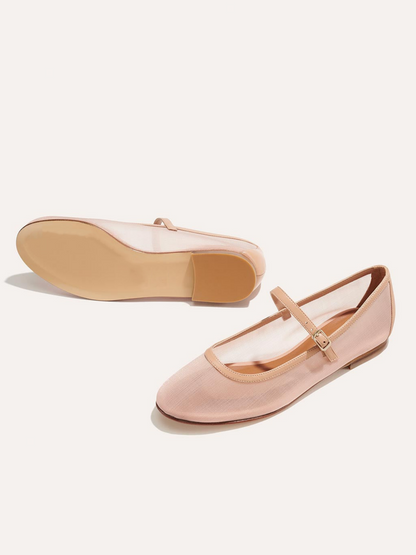 Light Pink Mesh Round-Toe Ballet Flats Mary Janes With Buckled Strap