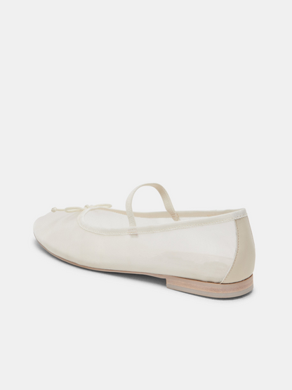 Bow Round-Toe Ballet Flats Mary Janes in White Mesh