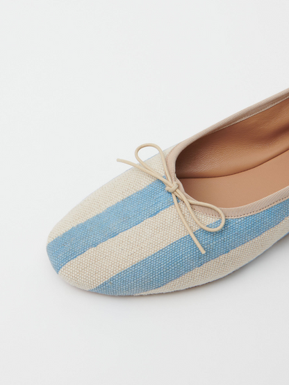 Sky Blue Stripe Bow Round-Toe Canvas Ballet Flats