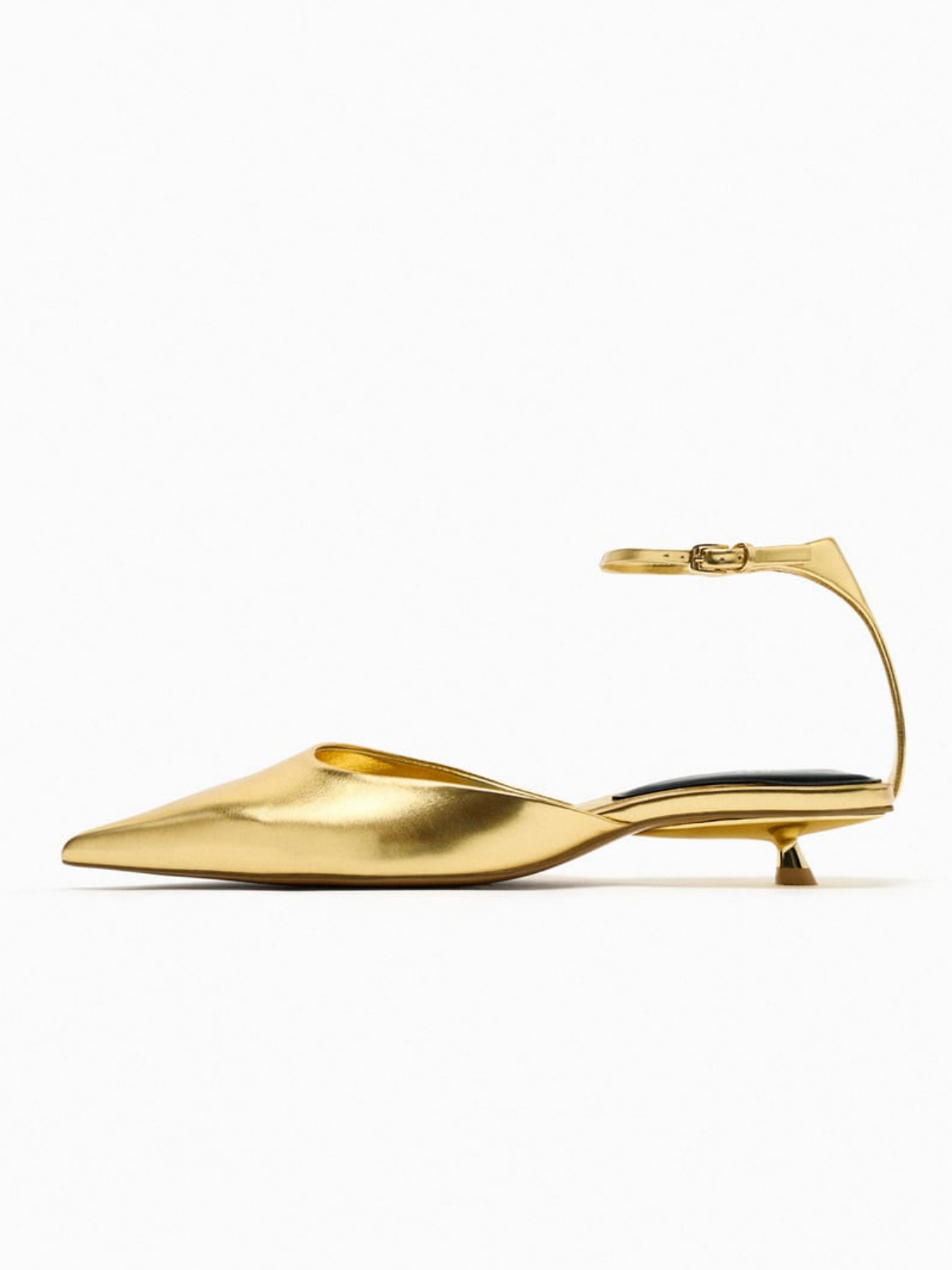 Metallic Gold Pointy Kitten Heel Shoes For Women With Buckled Ankle Strap