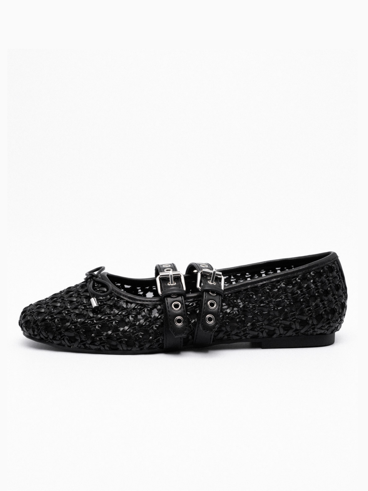 Black Raffia Woven Bow Ballet Flats Mary Janes With Grommet Buckled Straps