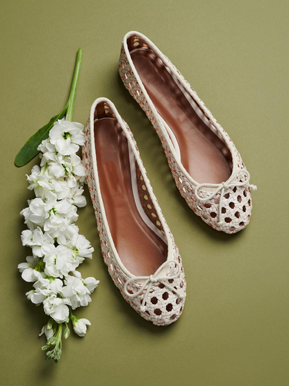 White Woven Bow Hollow-Out Round-Toe Slip-On Ballet Flats