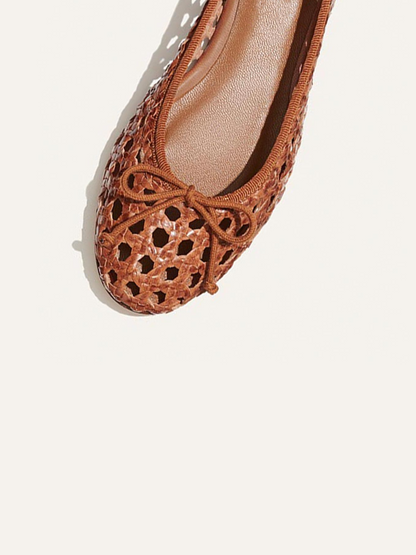 Brown Woven Bow Hollow-Out Round-Toe Slip-On Ballet Flats