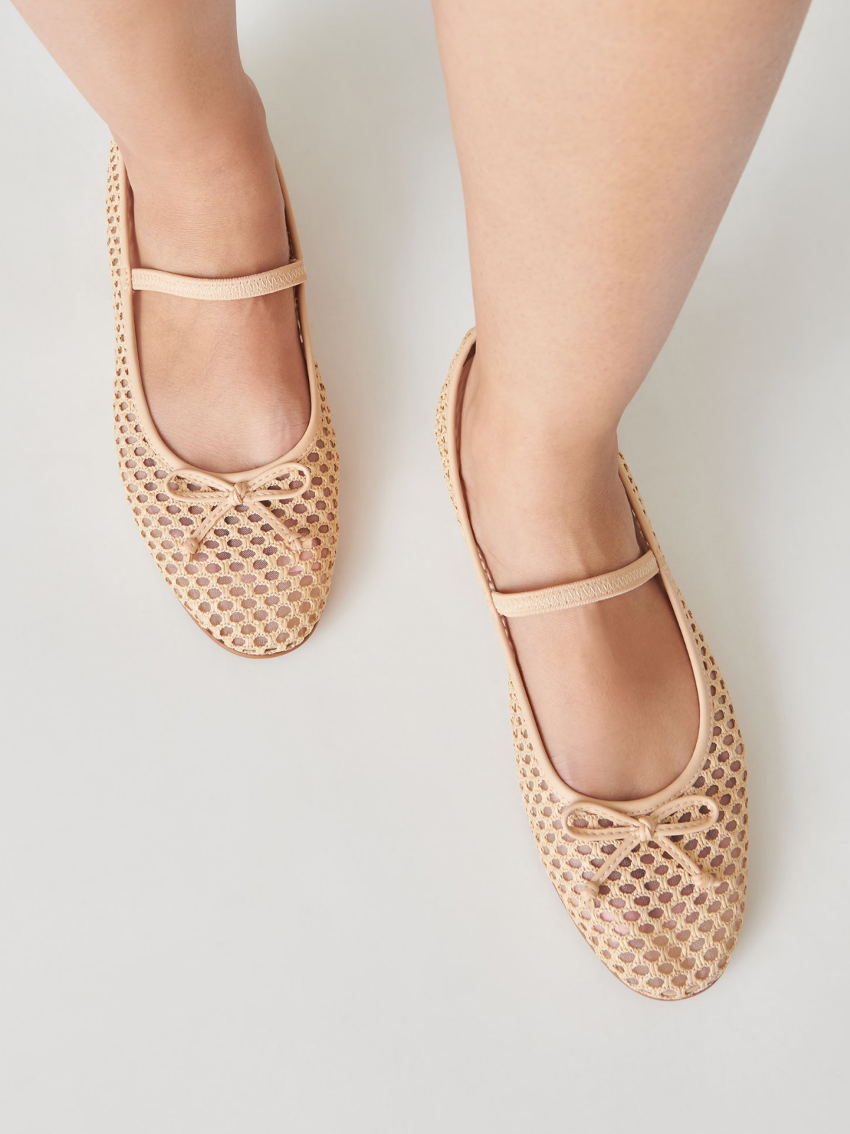 Nude Raffia Woven Bow Ballet Flats Round-Toe Boho Mary Janes